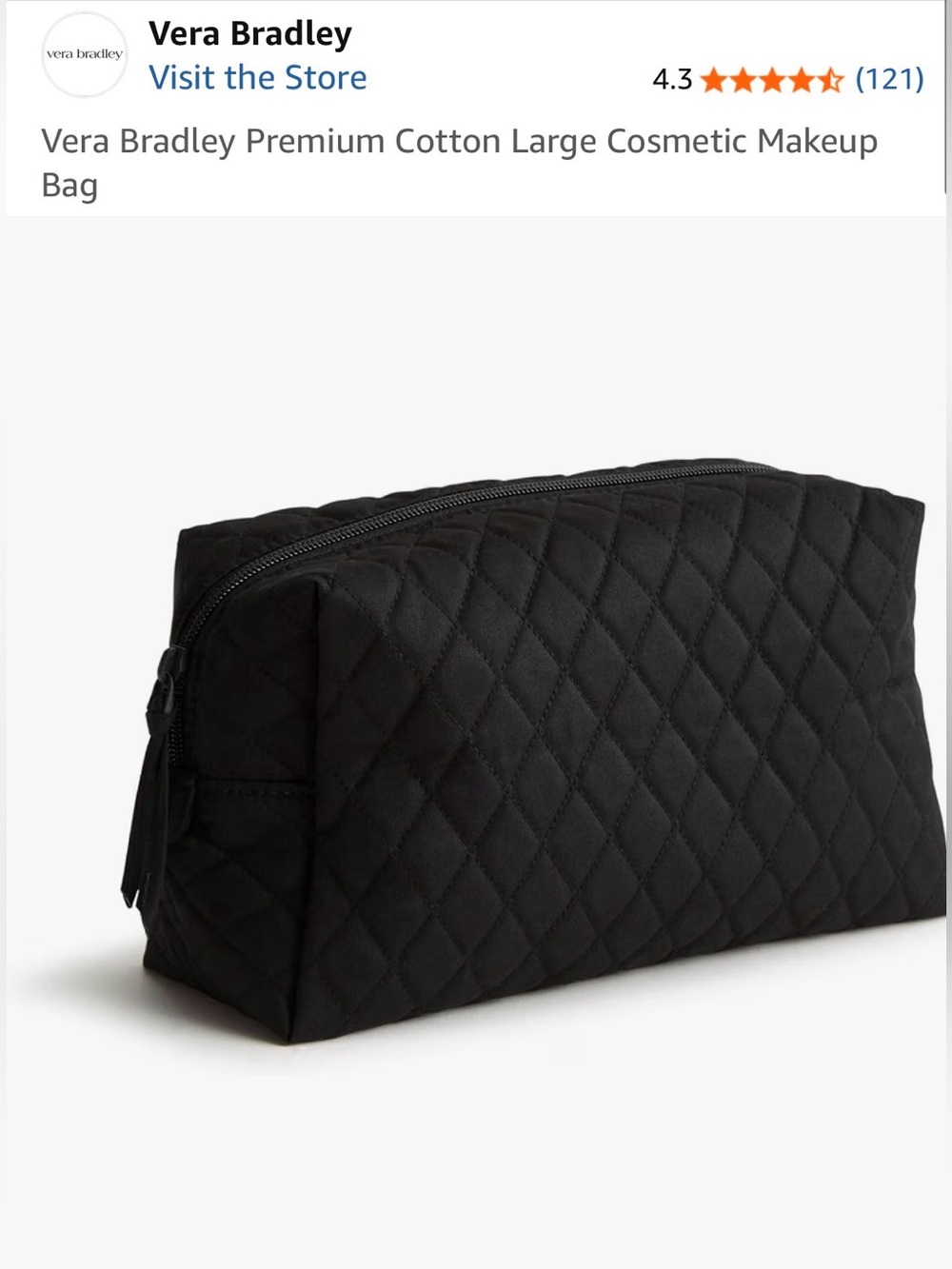 Vera Bradley Quilted Black Cotton Cosmetic Pouch (Large)
